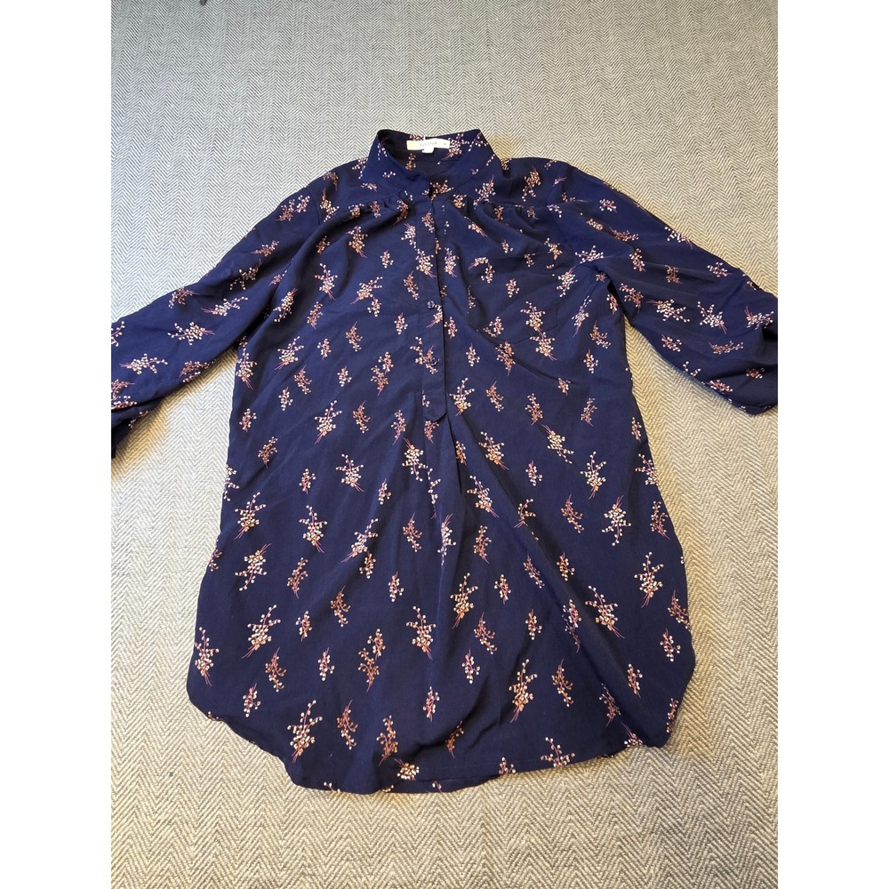 Fun 2 Fun Tunic Top Women Small Navy Blue Floral Roll Tab Sleeve Mandarin Collar